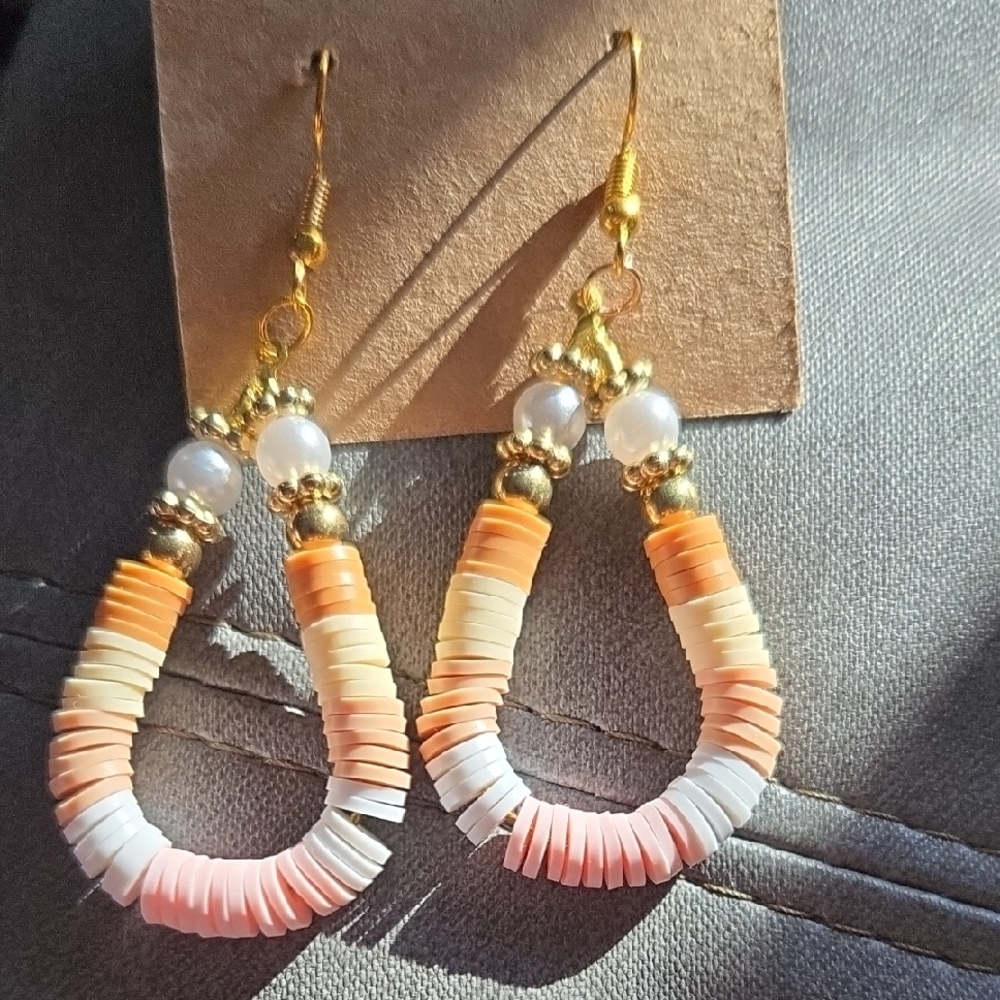 Gold and Peach Beaded Earrings